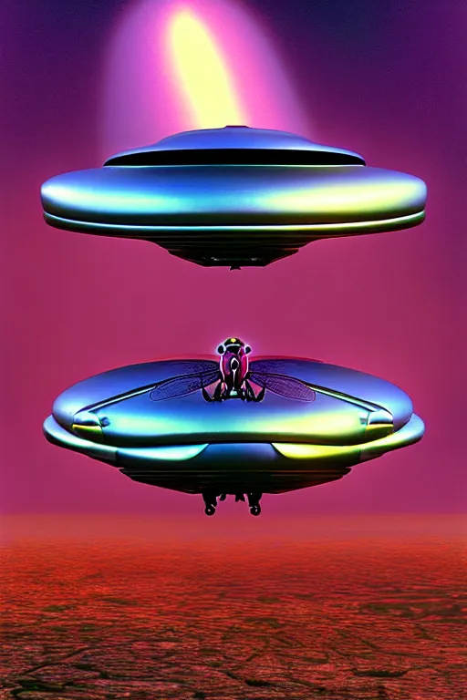 Image similar to a hyperrealistic vray rendering of a dragonfly metallic ufo aircraft vehicle technology, cinematic horror by chris cunningham, lisa frank, richard corben, highly detailed, vivid color,