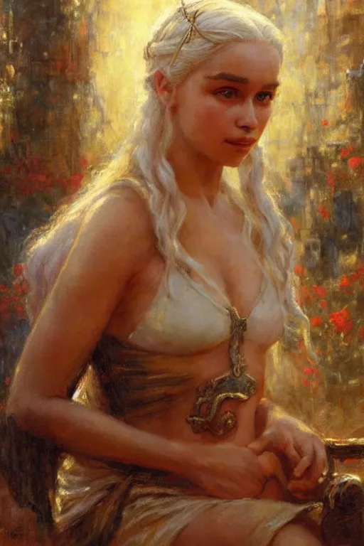 Prompt: portrait of daenerys targaryen. art by gaston bussiere.