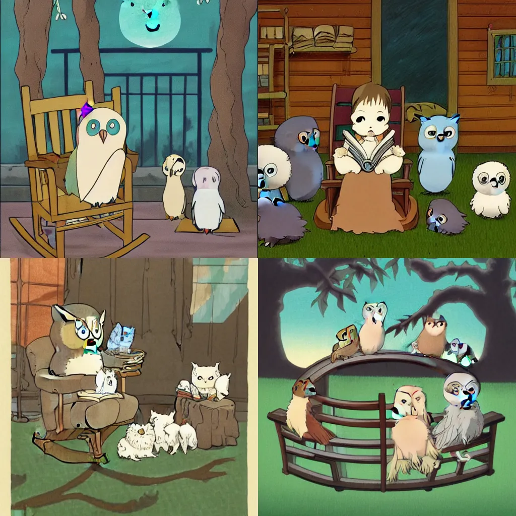 Prompt: An Owl on a rocking chair reading a book to a bunch of baby puppies that are sitting down in front of the Owl, made by studio ghibli, HD