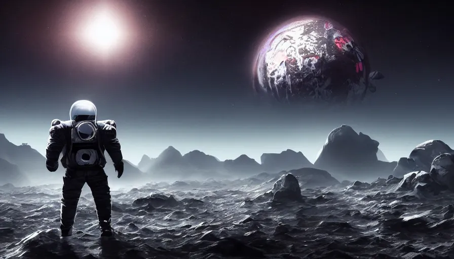 Image similar to A dark astronaut with a dark cape walking on a extremely mountainous alien planet with a big planet with rings in the sky, concept art, trending on DeviantArt, digital art, highly detailed, high quality, 4k, beautiful landscape, calm