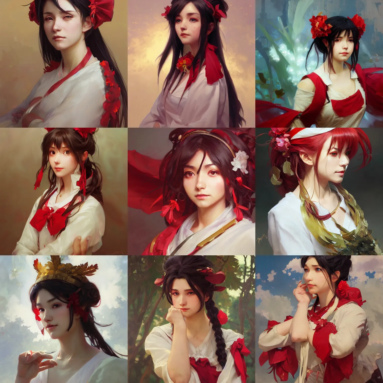 Prompt: a portrait painting of reimu hakurei, by greg rutkowski, artgerm, alphonse mucha, wlop, ruan jia, krenz cushart, zeronis, dao trong le, marble, gold, unreal engine 5