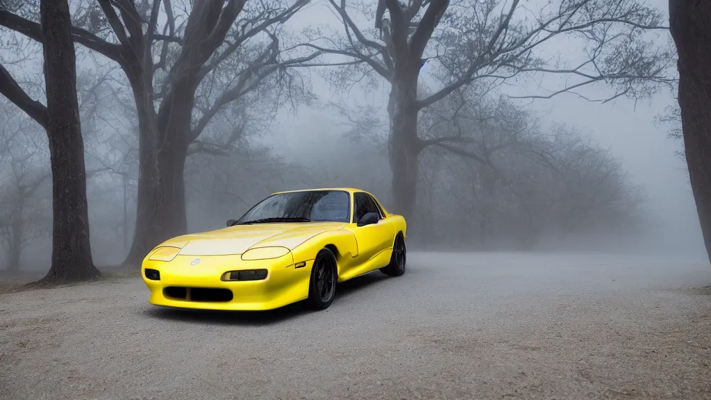 Image similar to 1 9 9 8 mazda rx 7 coupe yellow aero kit, cinematic, long exposure, white balance, 8 k, led, lumen global illumination, fog, ray tracing reflections