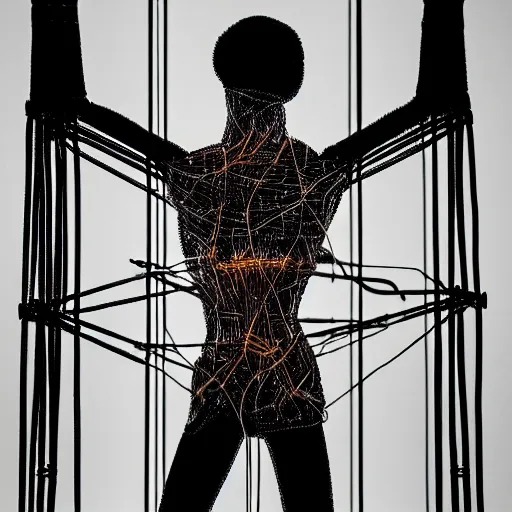 Prompt: geometric humans constructed from wiring and cables, in a dark room, cinematic backlighting
