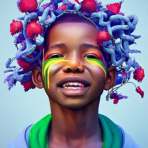 Image similar to colourful vfx art - portrait of smiling nigerian boy wrapped in flowers & vines, art by hsiao - ron cheng & james jean, volumetric light, ray tracing, sharp, detailed, digital painting, illustration, highly detailed, intricate detail, unreal engine, octane render, pinterest, behance, art station,