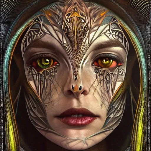 Image similar to beautiful closeup portrait of an art deco shaman, glowing eyes. reflective detailed textures, moth wings, highly detailed dark fantasy science fiction painting by tom bagshaw and michael whelan and diego rivera and annie swynnerton and jean delville, elaborate geometric ornament, ancient runes, silver and cool colors. artstation