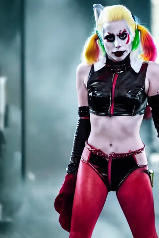 Prompt: film still of Lady Gaga as Harley Quinn in Joker 2, 4k