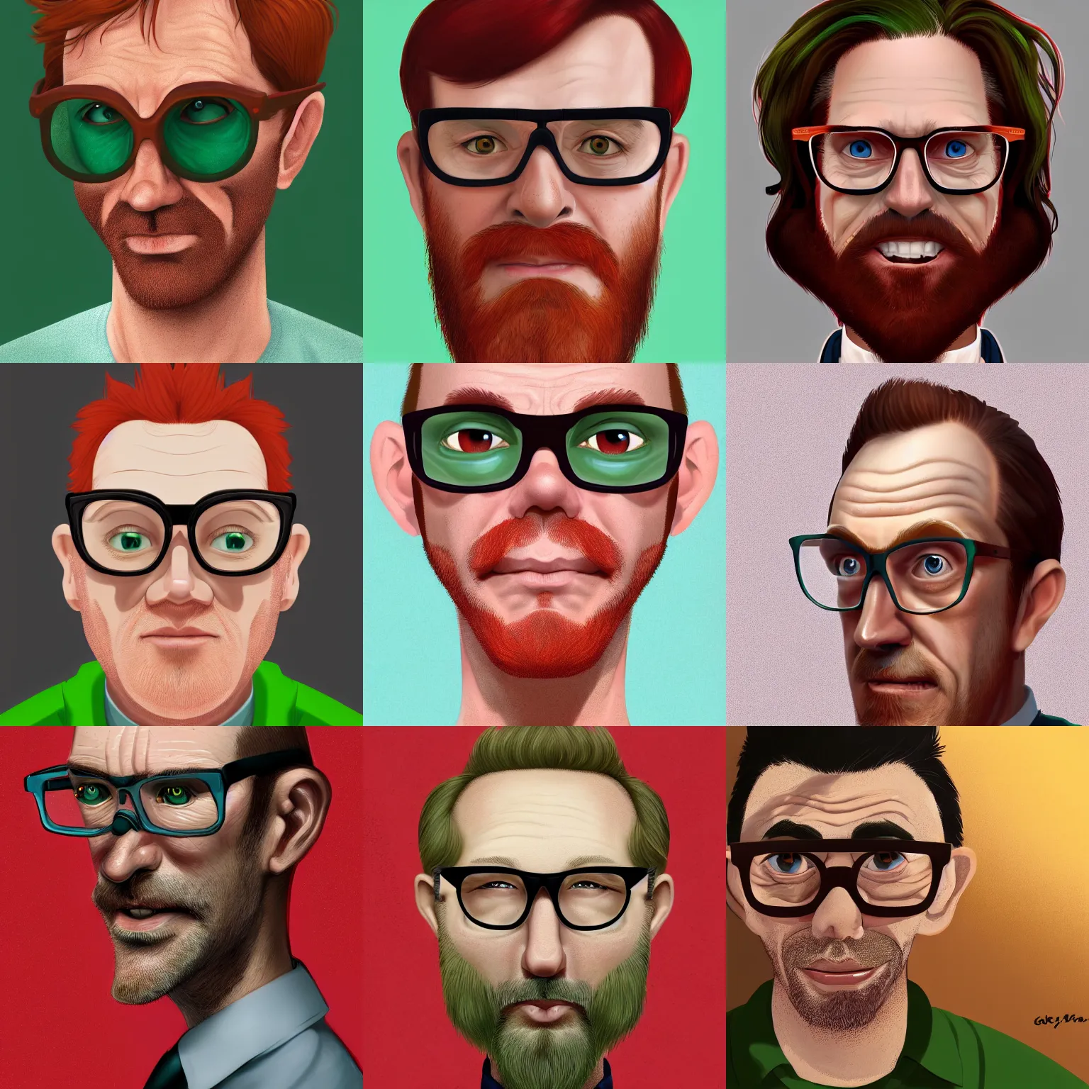 Prompt: portrait of a middle age man balding red hair and freckles and wearing glasses with green eyes, goofy, 8 k, highly detailed, digital painting, artstation, sharp focus, illustration