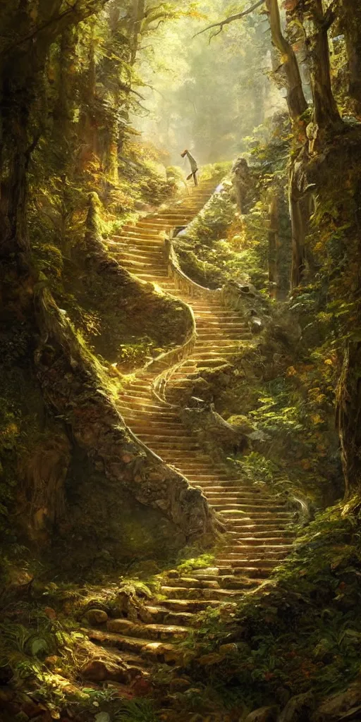 Image similar to a man walking up a steep and winding staircase, in beautiful woods, intricate, dappled lighting, elegant, highly detailed, oil painting, artstation, concept art, sharp focus, beautiful illustration, society, by justin gerard and artgerm, 4 k