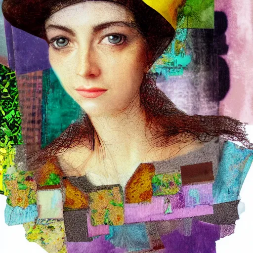 Prompt: mixed media collage half-lenght portrait of a woman with an interesting maximalist hat. in soft pastel tones. textures. matte background HD