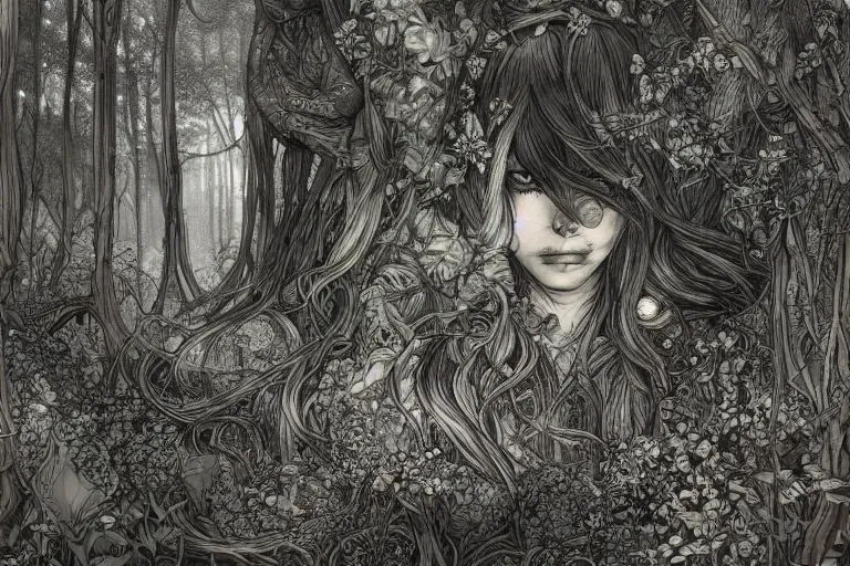 Image similar to fae living in the forest, beautiful, mesmerizing, concept art, intricate linework, detailed and intricate environment, artstation, inspired by monstress, sana takeda