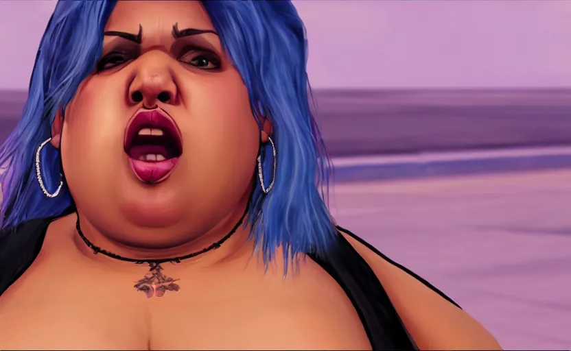 Prompt: grand theft auto loading screen art of a fat ugly poc woman with shaved blue hair, piercings, screaming, triggered