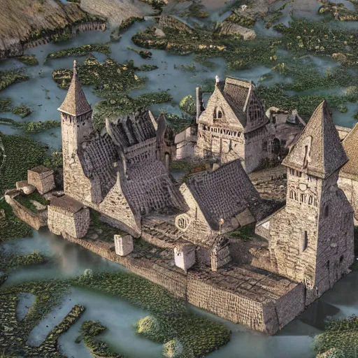 Image similar to A medieval village built on the head of chuthulu Highly detailed 3d fractal, volumetric lighting, sharp focus, ultra-detailed, hyperrealistic, complex, intricate, 3-point perspective, hyper detailed, unreal engine 5, IMAX quality, cinematic, finely detailed, small details, extra detail, symmetrical, high resolution, rendered 3D model, octane render, arnold render, PBR, path tracing, 8k, 4k, HD, hi-res, award-winning, awe-inspiring, ground-breaking, masterpiece , artgem, Dark Fantasy mixed with Socialist Realism, saturated colours