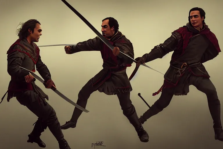 Prompt: frank dillane swordfighting with adrian paul, highly detailed, trending on artstation