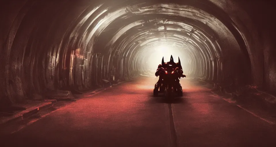 Image similar to The Batman Who Laughs In A Dimly Lit Tunnel and His Psycho Batmobile, bats, sunset, volumetric lighting, hyperrealistic, beautiful details, HDR, octane render, action shot, wide angle, bokeh, Yasushi Niarasawa Moebius HR Giger Style