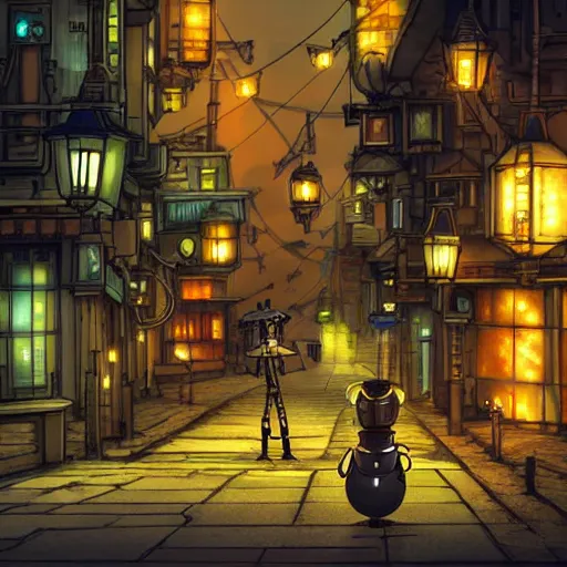 Prompt: robotic steampunk cat walking in a steampunk city at midnight, studio ghibli, extremely detailed, side view, lanterns can be seen lighting up the city, lonely,