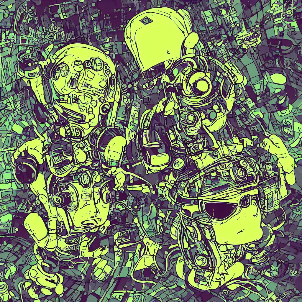 Image similar to a toad wearing headphones, ryuta ueda artwork, breakcore, style of jet set radio, y 2 k, gloom, space, cel - shaded art style, sacred geometry, data, code, cybernetic, dark, eerie, cyber