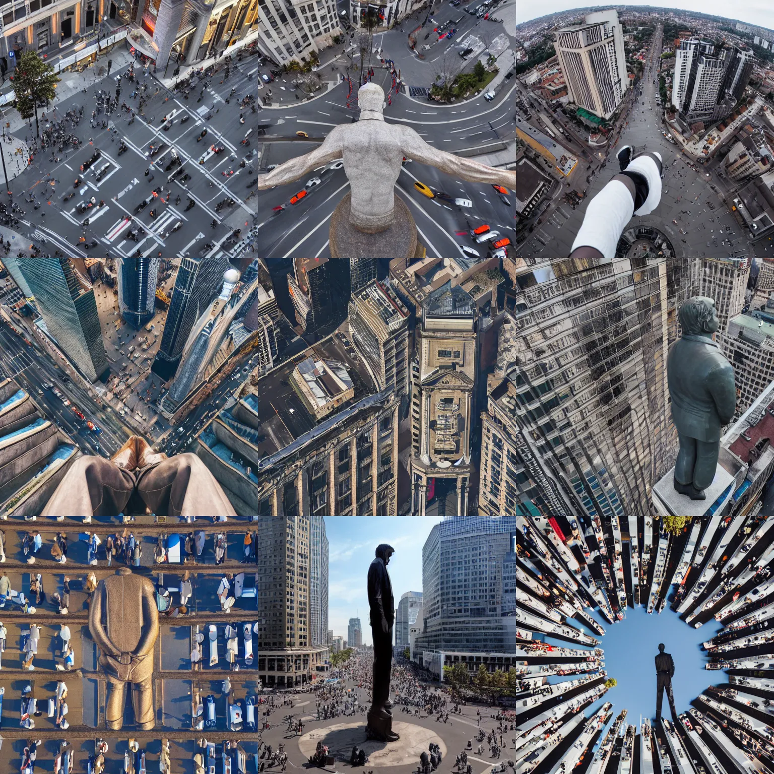 Prompt: a gigantic building - sized statue of a man looking down on pedestrians in the middle of a busy street, hd, 4 k, wide - angle shot