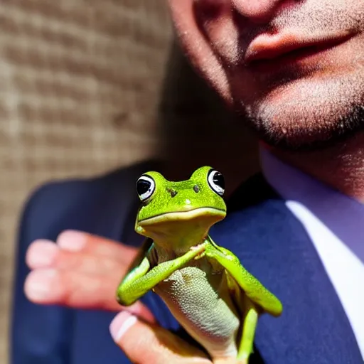 Image similar to a high detail closeup photograph of a 🐸 wearing a suit 👔,and smoking a cigarrette🚬, award wining photograph