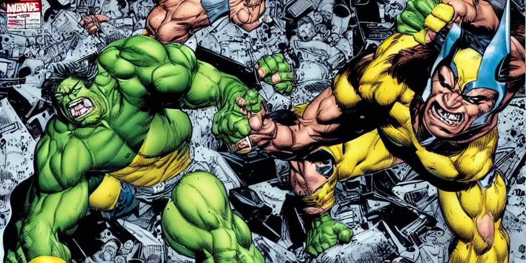 Image similar to wolverine vs the hulk comic illustration by jim lee and arthur adams and todd mcfarlane