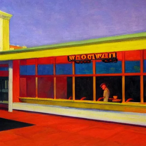 Prompt: wawa on fire, edward hopper painting