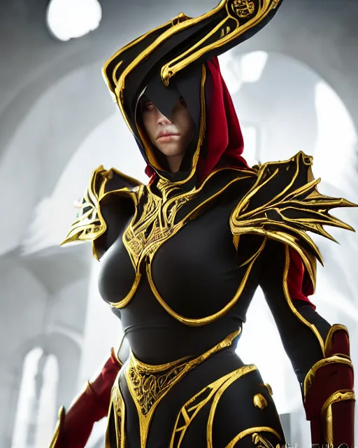 Prompt: red - haired final fantasy white marble egyptian nun approaching a dragon, warframe armor, regal, attractive, ornate, sultry, sexy, beautiful, elize theron, pretty face, green eyes, scifi platform, 4 k, ultra realistic, epic lighting, illuminated, cinematic, black gold, art by alexandra petruk, voidstar