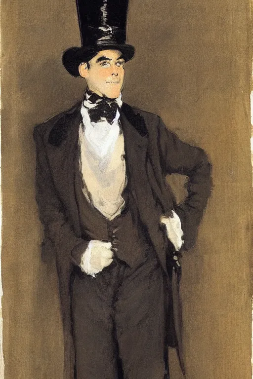 Prompt: portrait of george clooney as a gentleman wearing an edwardian suit and top hat by walter sickert, john singer sargent, and william open