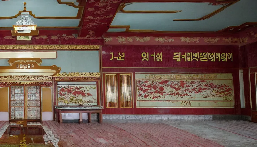 Image similar to 2010s movie still of empty north-korean royal restaurant palace, Leica SL2 50mm, high quality, higly detailed