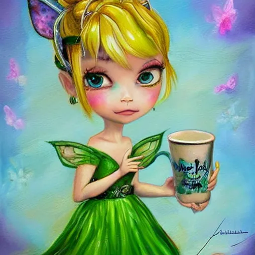 Image similar to chibi Tinkerbell in short green dress with tattered hem, thick heavy eye makeup, bare feet, hungover, coffee cup, lifelike detailed oil painting by Jasmine Becket