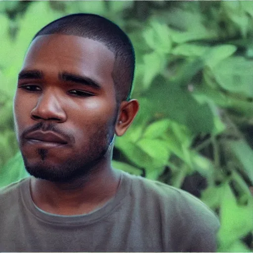 Prompt: A photo of Frank Ocean crying in the middle of a garden, 8K concept art, dreamy, garden, bushes, flowers, golden hour, vintage camera, detailed, UHD realistic faces, award winning photography, cinematic lighting