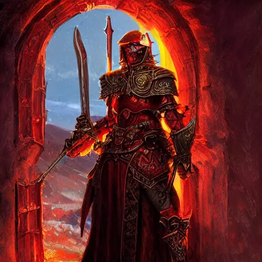 Prompt: blood paladin, fantasy art, located in a castle, legendary armor, red sunlight through the window, decorated, high quality, highly detailed,