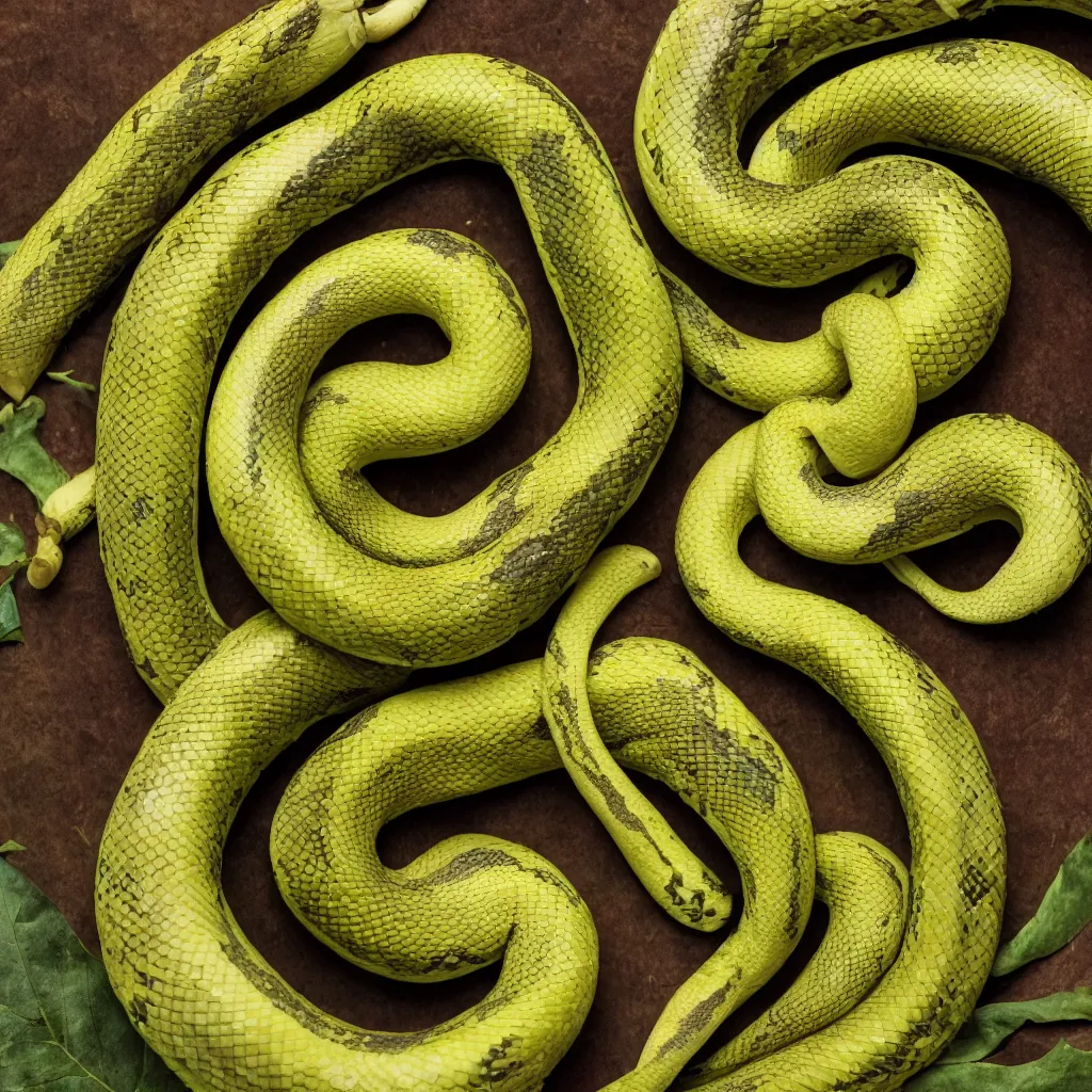 Image similar to snakes that look like very ripe bananas, and form a complex fractal, cracked, vegetable foliage, art nouveau fractal with petal shape, and stems, mesh roots, hyper real, food photography, high quality