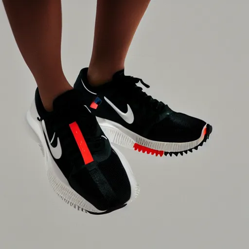 Image similar to a studio photoshoot of A floating Nike running sneaker designed by Virgil Abloh, mesh fabrics, Off-White, realistic, color film photography by Tlyer Mitchell, 35 mm, graflex