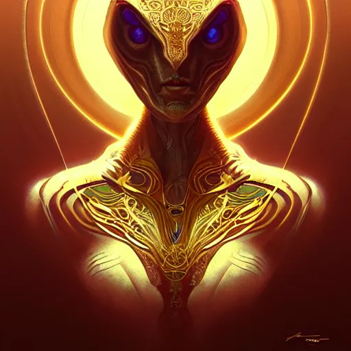 Image similar to hyper advanced alien evolved from tiger, sci fi, glowing eyes, volumetric lights, gold theme, art nouveau botanicals, intricate, highly detailed, digital painting, artstation, concept art, smooth, sharp focus, cinematic, illustration, beautiful face, art by artgerm and greg rutkowski and alphonse mucha