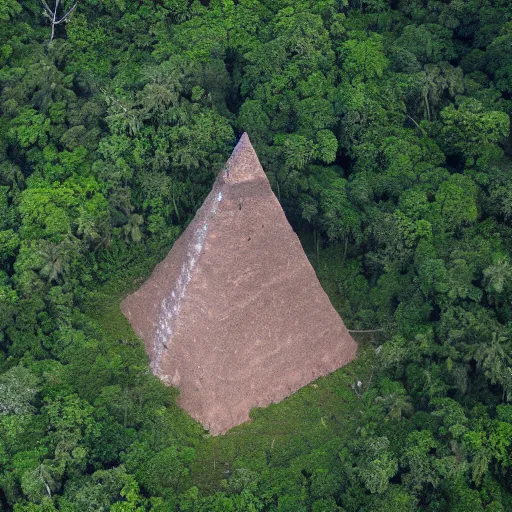 Image similar to aerial hd photographs of an uncontacted tribe from the amazon with tribe members looking up around a giant magical pyramid