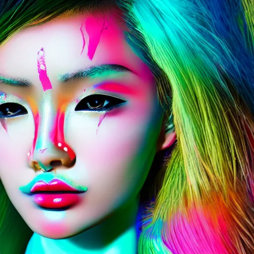 Prompt: japanese model with maximalist hair style and makeup, bright colors, fashion mode, portrait, gliter, depth of field, 8 k, hyper detailed, intricate, trending on artstation
