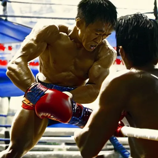 Prompt: buakaw muay thai fighting solo against hulk in the boxing stage, john woo, akira kurosawa, george miller, james cameron, cinematic, ultrarealism, red water splash, michael bay,