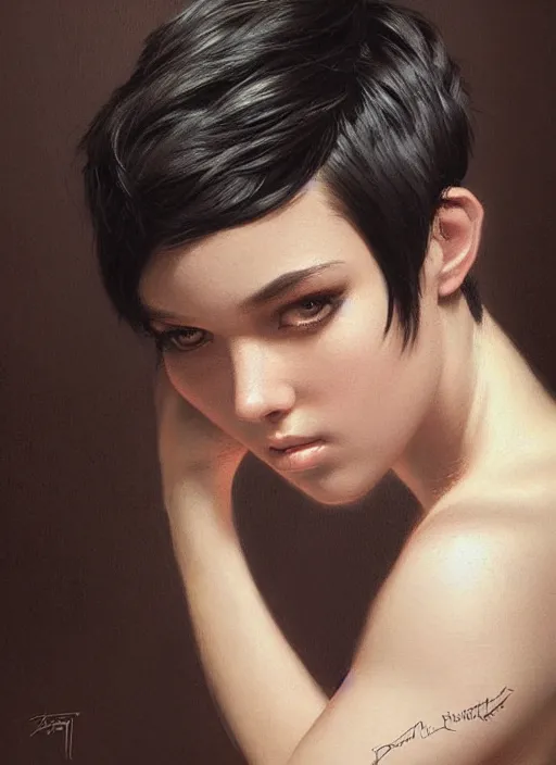 Prompt: girl with black hair, pixie haircut, beautiful highly detailed face, complementary lighting, backlit, dramatic lighting, beautiful painting by artgerm and greg rutkowski and raymond swanland