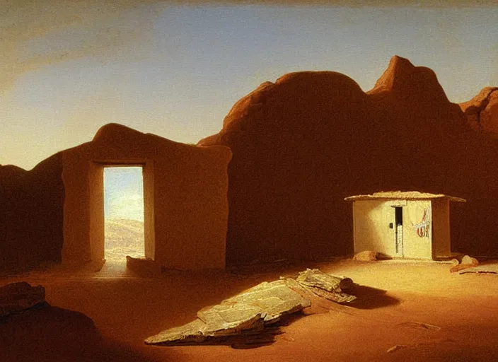 Prompt: painting of a sigeru ban house in the desert by thomas cole