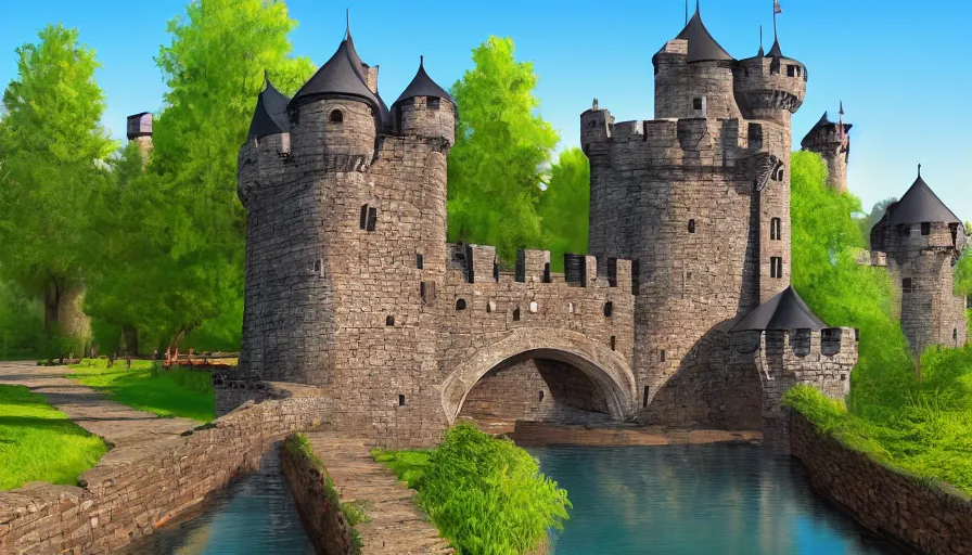 Image similar to a castle with a moat and drawbridge, digital art, highly detailed, realistic, bright colors, 8 k