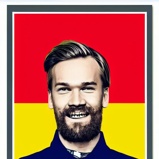 Image similar to Swedish propaganda poster of PewDiePie with the flag of Sweden in the background