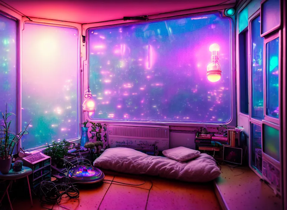 Prompt: telephoto 7 0 mm f / 2. 8 iso 2 0 0 photograph depicting the experience of dreamstate in a cosy cluttered french sci - fi ( art nouveau ) cyberpunk apartment in a pastel dreamstate art cinema style. ( iridescent terrarium, computer screens, window, leds, lamp, ( ( ( bed ) ) ) ), ambient light.