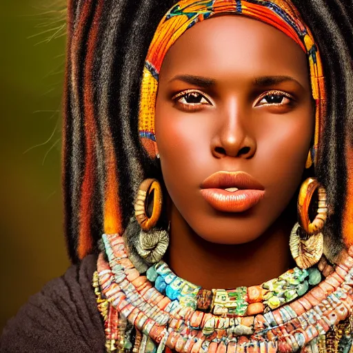 Prompt: vintage portrait of a stunningly beautiful west african female, depth of field, zeiss lens, detailed, symmetrical, centered, fashion photoshoot, by edward s curtis, Annie Leibovitz and Steve McCurry, David Lazar, Jimmy Nelsson, Breathtaking, 8k resolution, extremely detailed, beautiful, establishing shot, artistic, hyperrealistic, beautiful face, octane render