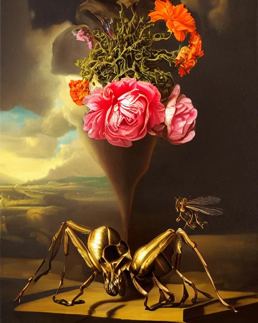 Image similar to refined gorgeous blended oil painting with black background by christian rex van minnen rachel ruysch dali todd schorr chiaroscuro portrait extremely bizarre disturbing mutated man beautiful suit made of still life flowers and rubber insects with shiny skin dutch golden age vanitas intense chiaroscuro cast shadows obscuring features dramatic lighting perfect symmetry perfect composition masterpiece