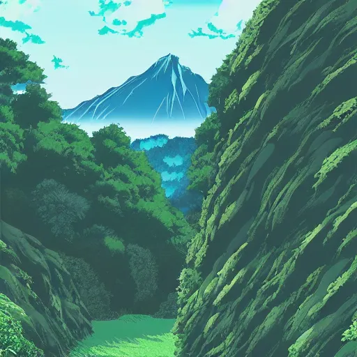 Prompt: a beautiful landscape shot of mountains and forest by Studio Ghibli, digital art