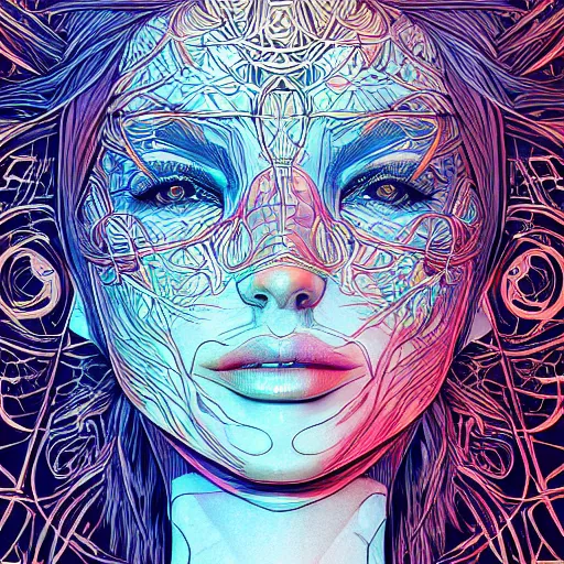 Prompt: the head of a beautiful woman, an ultrafine detailed illustration by james jean, final fantasy, intricate linework, bright colors, behance contest winner, vanitas, angular, altermodern, unreal engine 5 highly rendered, global illumination, radiant light, detailed and intricate environment