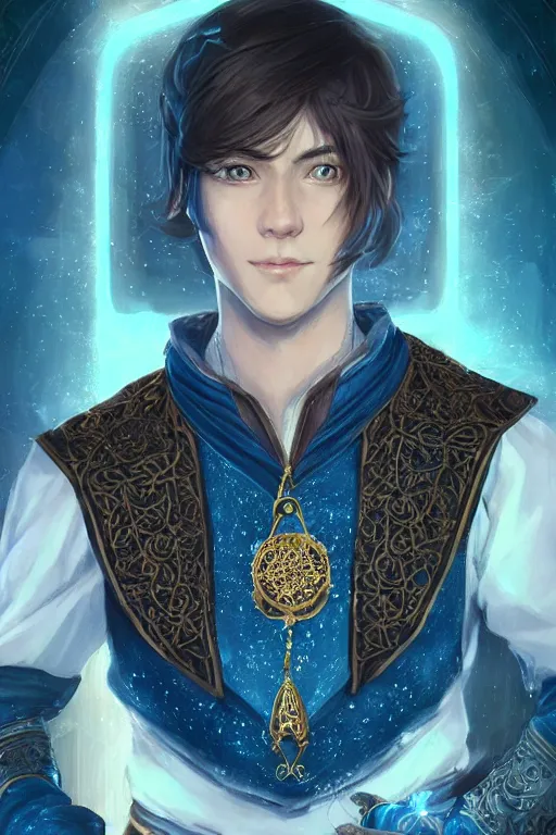 Prompt: beautiful portrait of a handsome young male wizard wearing a fancy blue tunic, l medallion!! around neck, art by wlop and artgerm, steampunk fiction, detailed deep blue eyes, ( long dark brown hair in ponytail!!!! ), space background, artstation, sharp focus, illustration, caustics, octane render, 4 k, radiant light