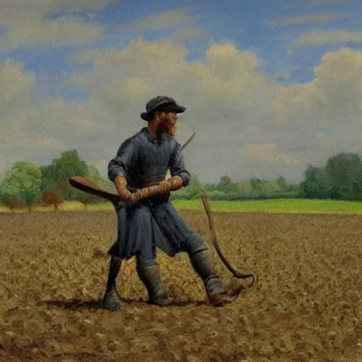 Image similar to - realistic painting of, cain tilling the field, in the style of miguelangel