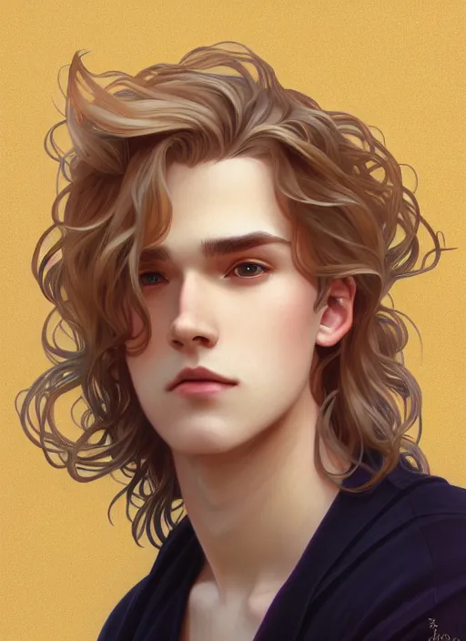 Image similar to pretty young man with shoulder length shiny shimmering golden blond hair, half body shot, path traced, highly detailed, high quality, digital painting, by studio ghibli and alphonse mucha, leesha hannigan, hidari, disney