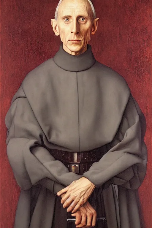 Prompt: portrait of jedi master wilhuff tarkin, oil painting by jan van eyck, northern renaissance art, oil on canvas, wet - on - wet technique, realistic, expressive emotions, intricate textures, illusionistic detail