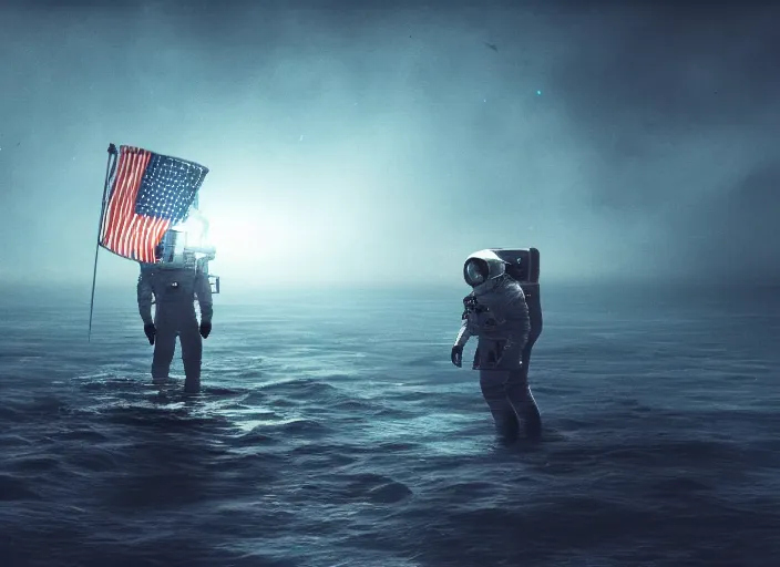 Image similar to astronaut holding a flag in an underwater desert. a submarine is visible in the distance. dark, concept art, cinematic, dramatic, atmospheric, 8 k, trending on artstation, blue, fish, low visibility, fog, ocean floor, christopher nolan, interstellar